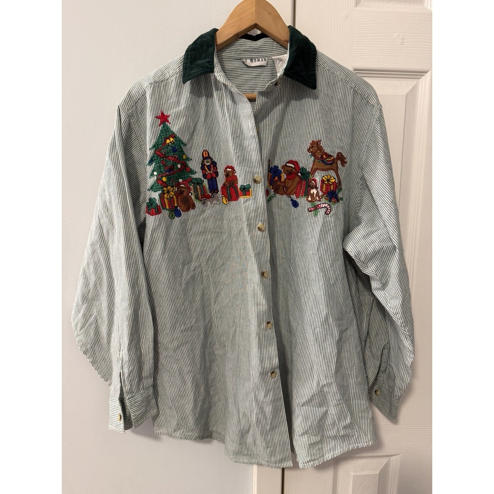 Vintage Green Velvet Collar Embroidered Button Up Shirt Sz 18W Christmas Tree